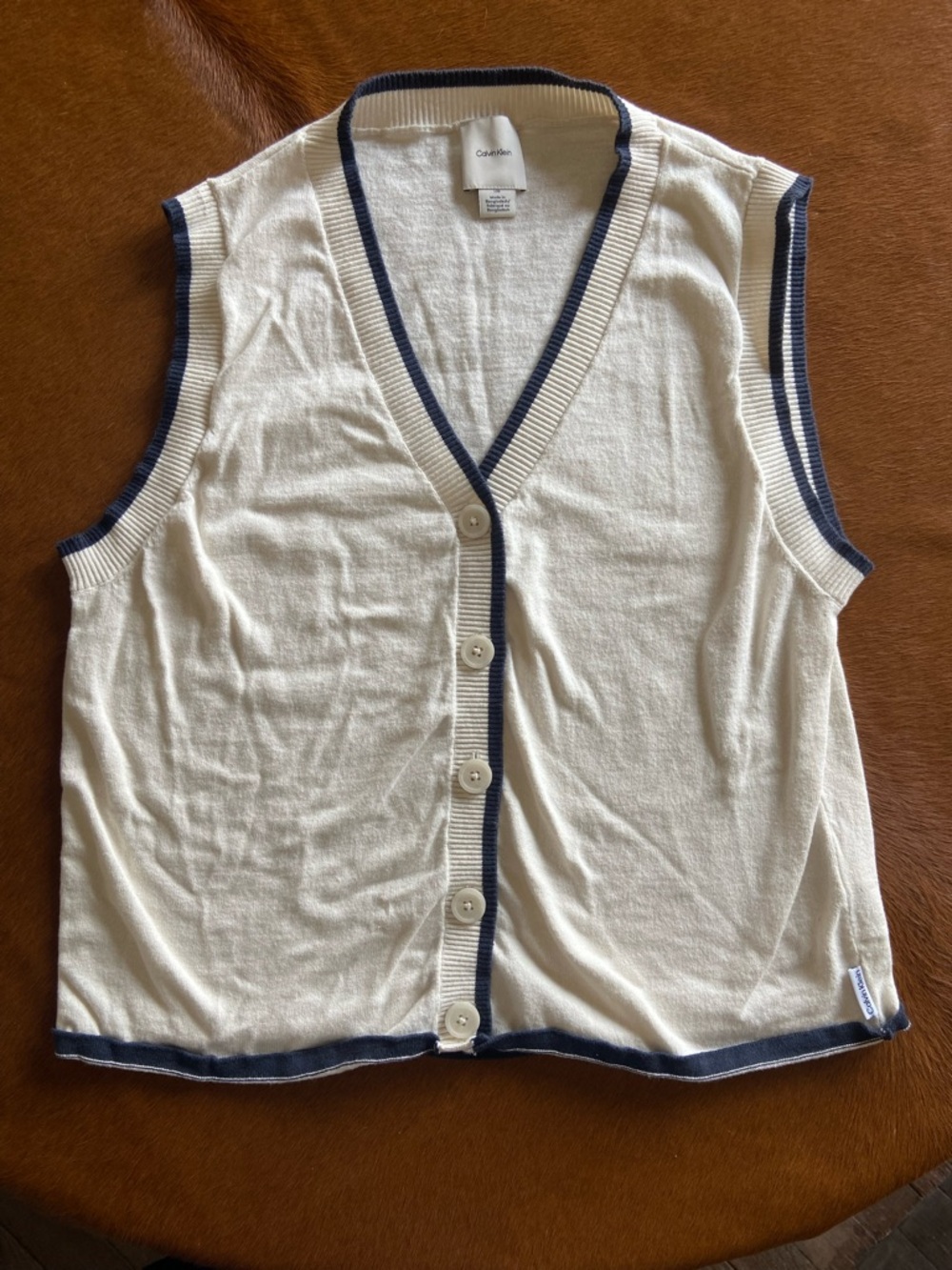 Calvin Klein Cream Knit Button Vest with Navy Trim